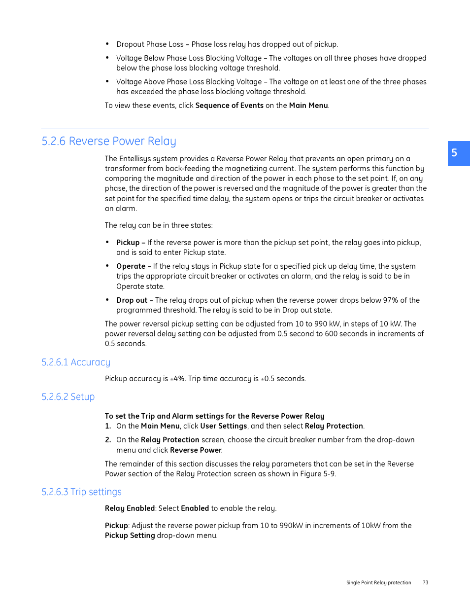 6 reverse power relay, 1 accuracy, 2 setup | 3 trip settings, 1 accuracy 5.2.6.2 setup 5.2.6.3 trip settings | GE Industrial Solutions Entellisys System User Manual User Manual | Page 73 / 238