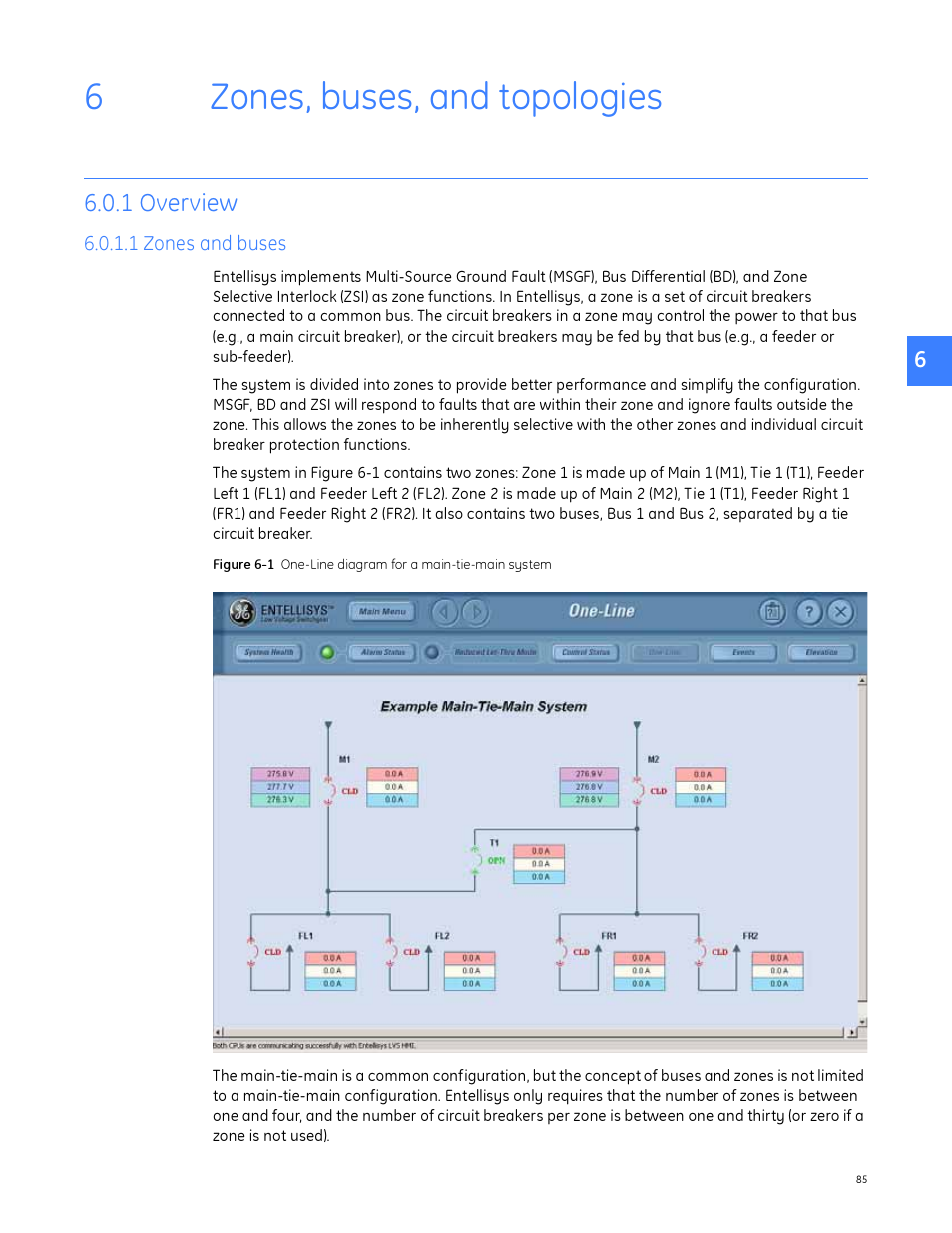 Zones, buses, and topologies, 1 overview, 1 zones and buses | 6 zones, buses, and topologies, 6zones, buses, and topologies | GE Industrial Solutions Entellisys System User Manual User Manual | Page 85 / 238