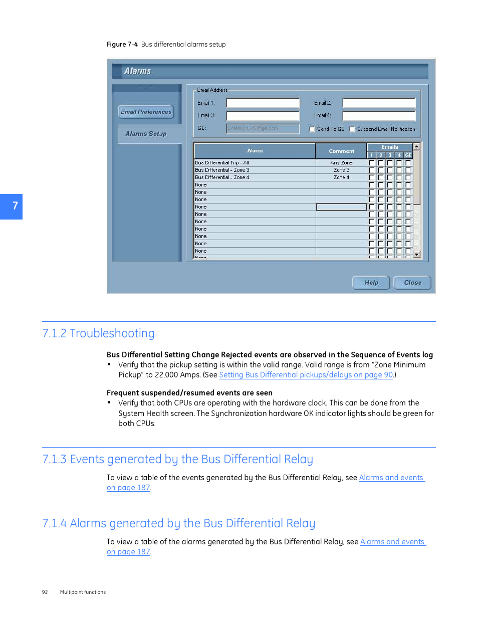 2 troubleshooting, 3 events generated by the bus differential relay, 4 alarms generated by the bus differential relay | Figure 7-4 | GE Industrial Solutions Entellisys System User Manual User Manual | Page 92 / 238
