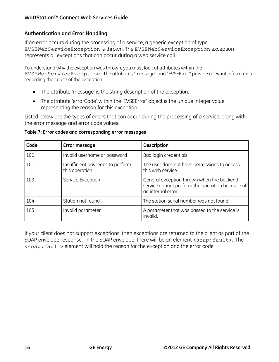 Authentication and error handling | GE Industrial Solutions WattStation Connect Web Services Guide User Manual | Page 16 / 18