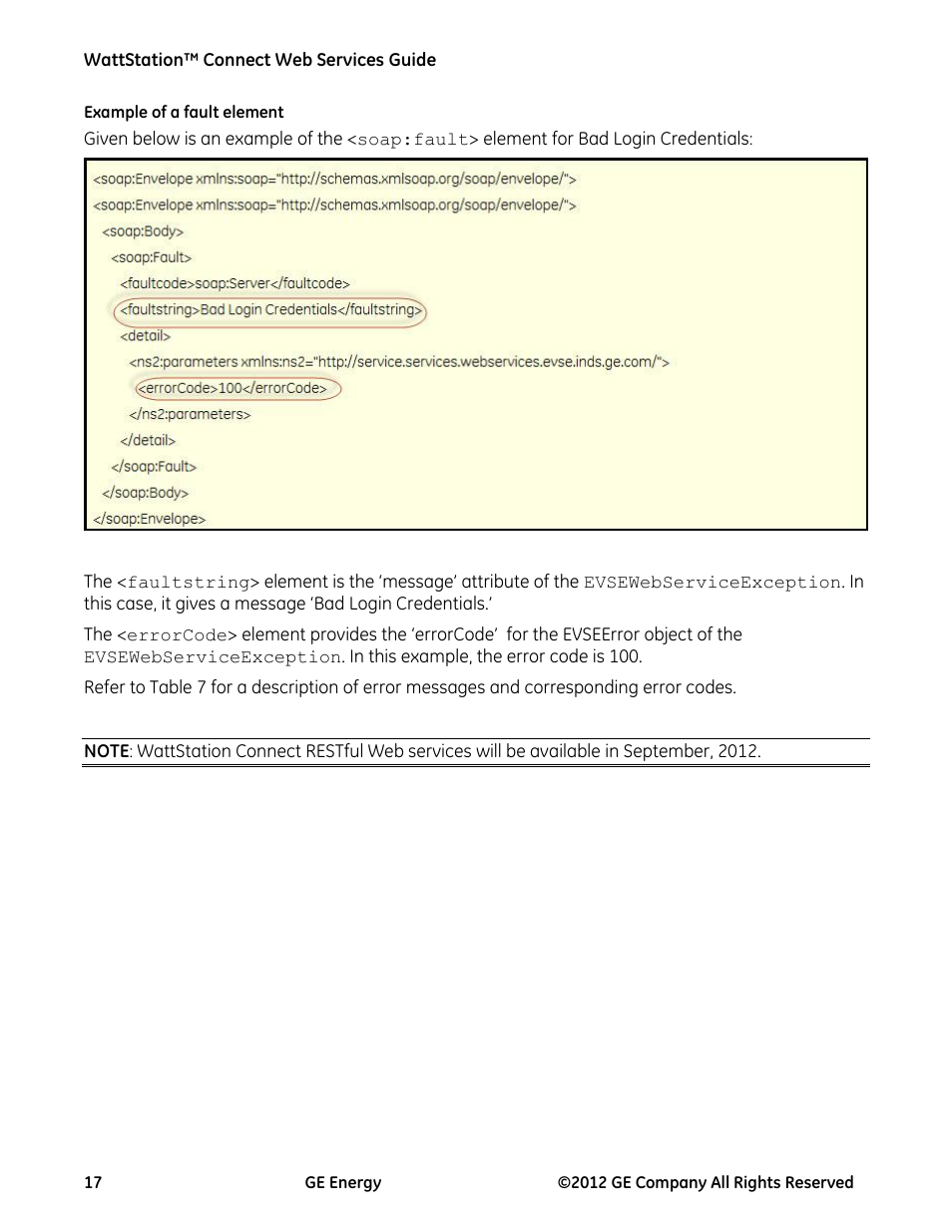 Example of a fault element | GE Industrial Solutions WattStation Connect Web Services Guide User Manual | Page 17 / 18