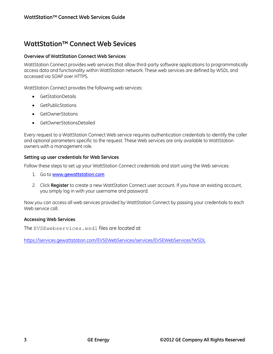 Wattstation™ connect web sevices, Overview of wattstation connect web services, Setting up user credentials for web services | Accessing web services, Wattstation™ connect web services | GE Industrial Solutions WattStation Connect Web Services Guide User Manual | Page 3 / 18