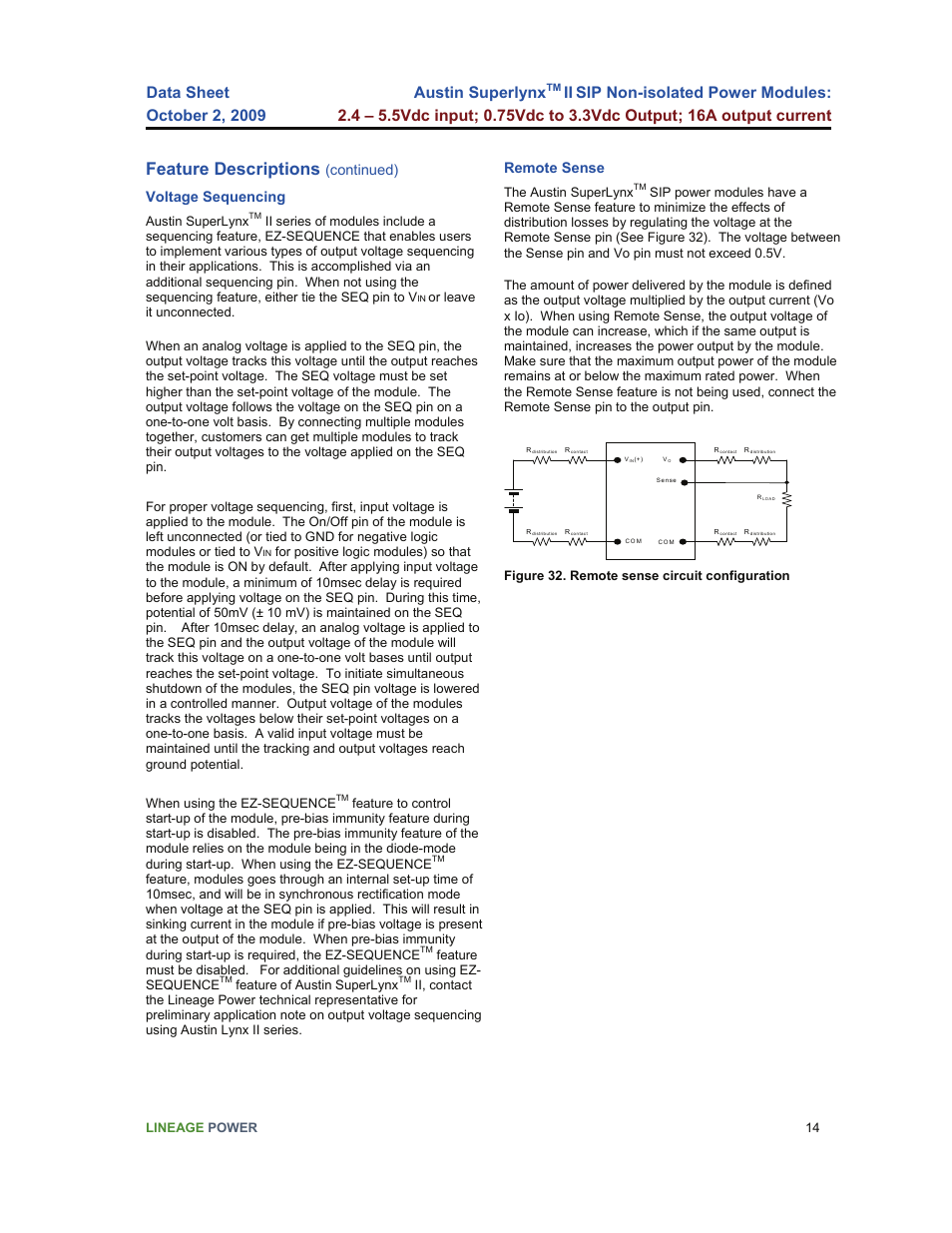 Feature descriptions, Austin superlynx, Continued) voltage sequencing | Remote sense | GE Industrial Solutions Austin Superlynx II SIP User Manual | Page 14 / 19