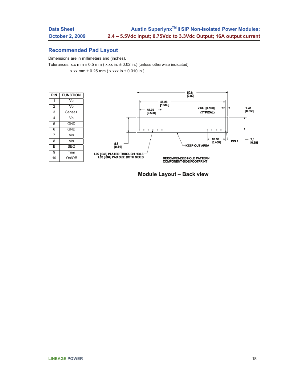 Recommended pad layout, Module layout – back view | GE Industrial Solutions Austin Superlynx II SIP User Manual | Page 18 / 19