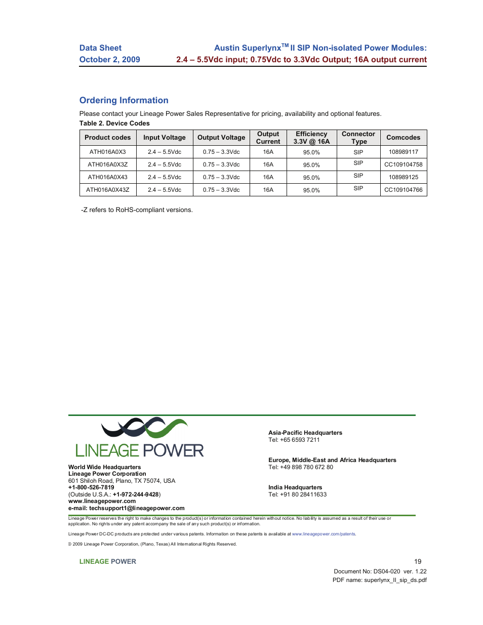 Ordering information, Austin superlynx | GE Industrial Solutions Austin Superlynx II SIP User Manual | Page 19 / 19