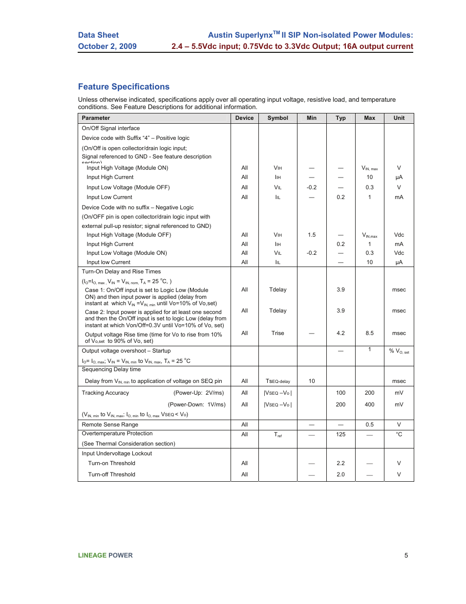 Feature specifications, Austin superlynx | GE Industrial Solutions Austin Superlynx II SIP User Manual | Page 5 / 19