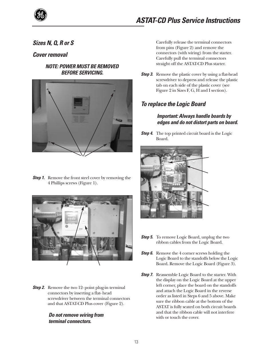 Astat-cd plus service instructions, Sizes n, q, r or s cover removal | GE Industrial Solutions ASTAT-CD Plus Solid-State Starters User Manual | Page 13 / 32