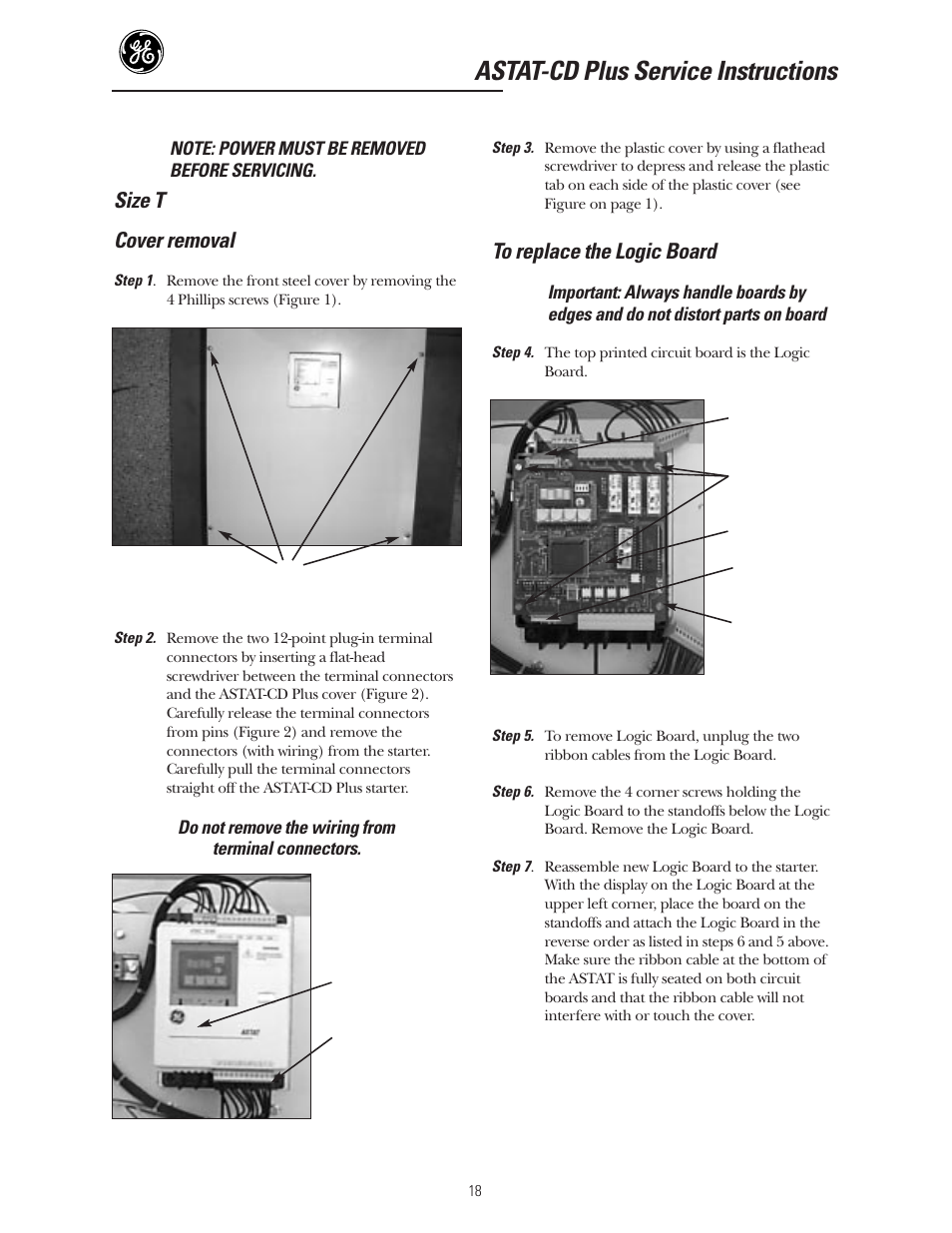 Astat-cd plus service instructions, Size t cover removal | GE Industrial Solutions ASTAT-CD Plus Solid-State Starters User Manual | Page 18 / 32