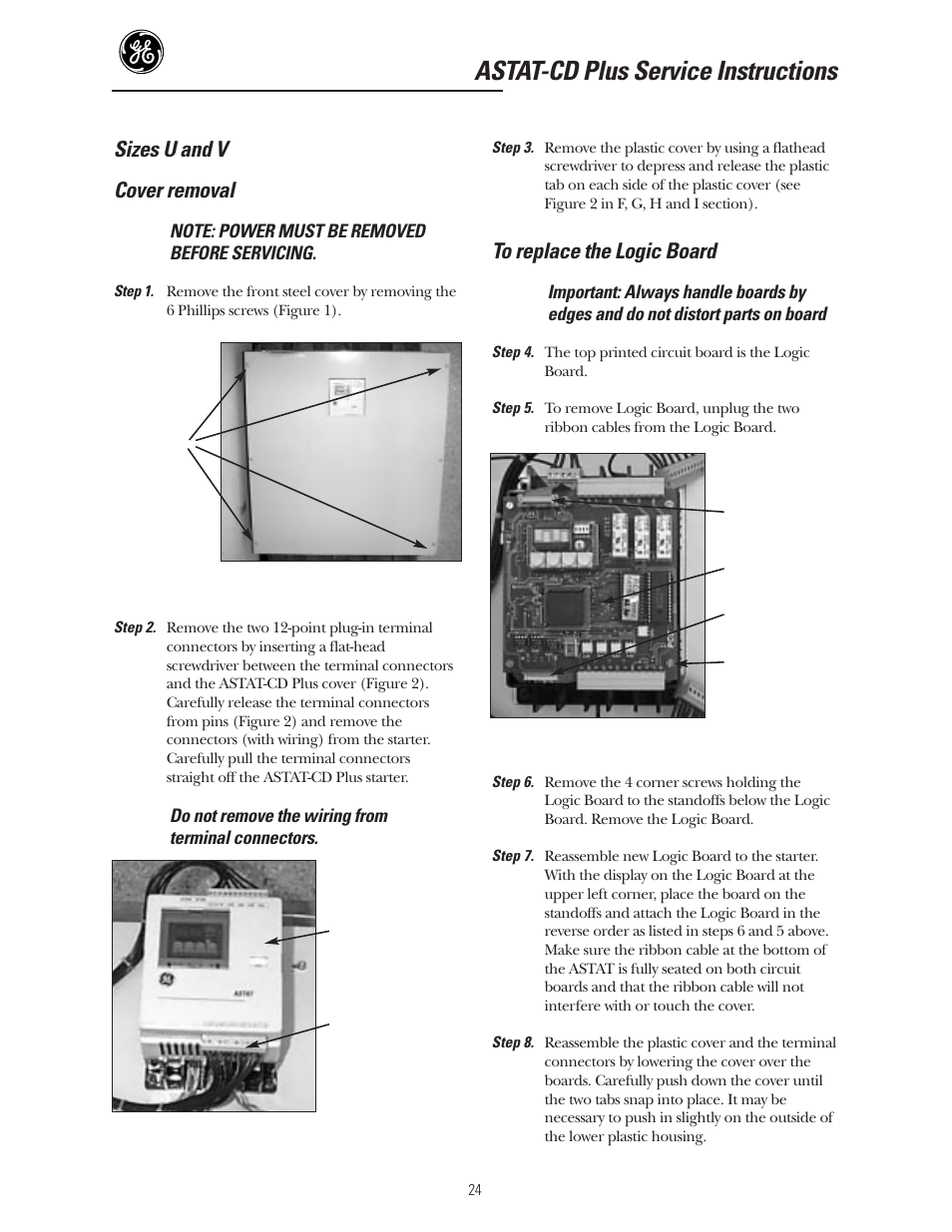 Astat-cd plus service instructions, Sizes u and v cover removal | GE Industrial Solutions ASTAT-CD Plus Solid-State Starters User Manual | Page 24 / 32