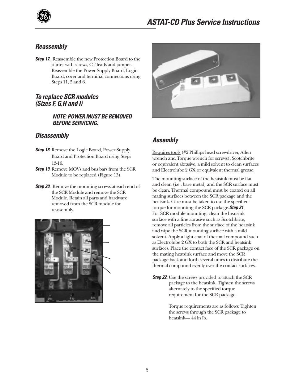 Astat-cd plus service instructions, Reassembly, Disassembly | Assembly | GE Industrial Solutions ASTAT-CD Plus Solid-State Starters User Manual | Page 5 / 32
