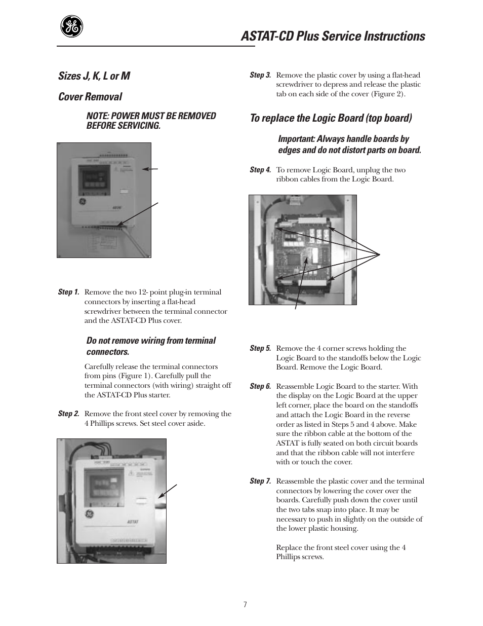 Astat-cd plus service instructions, Sizes j, k, l or m cover removal | GE Industrial Solutions ASTAT-CD Plus Solid-State Starters User Manual | Page 7 / 32
