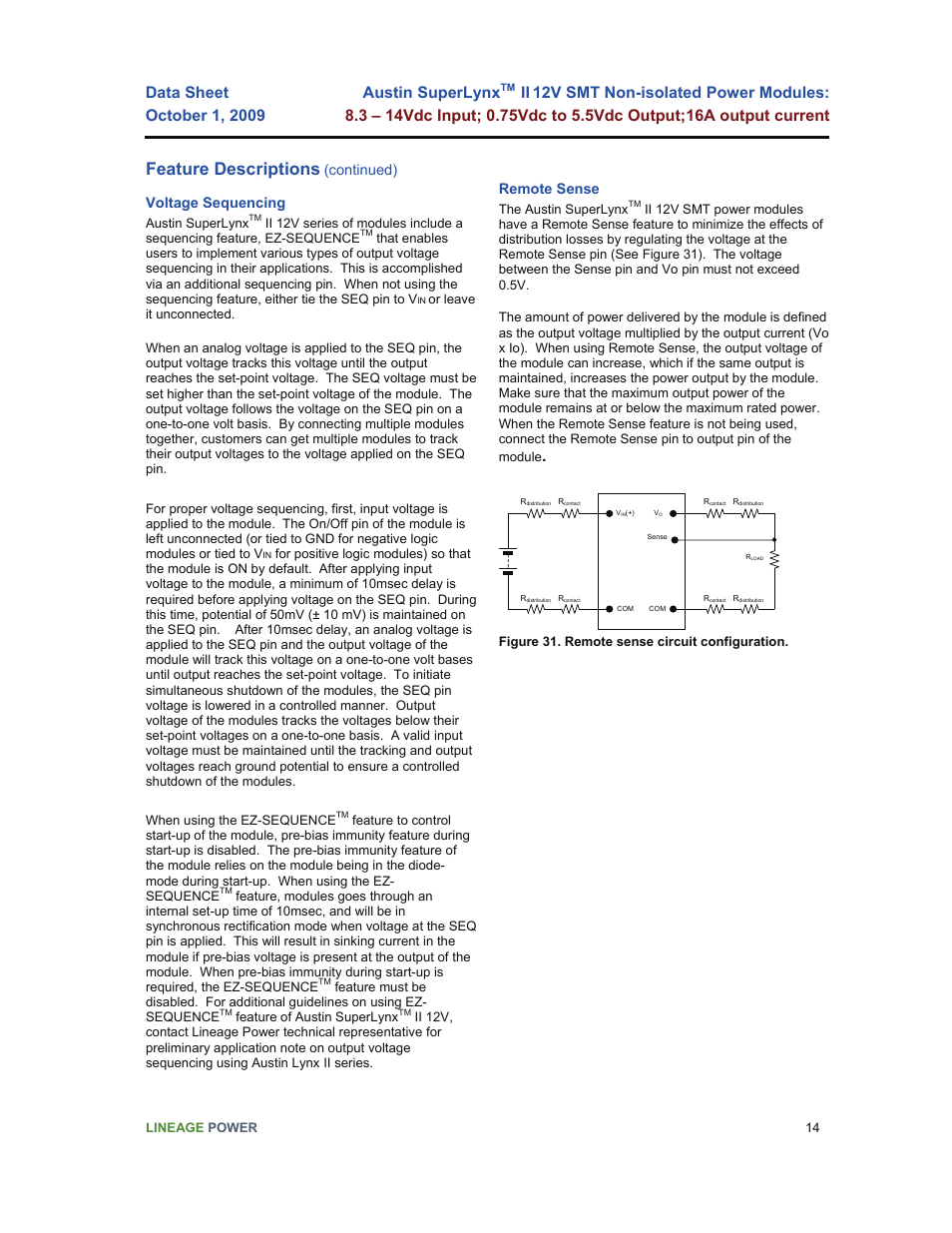 Feature descriptions, Austin superlynx, Continued) | Voltage sequencing, Remote sense | GE Industrial Solutions Austin SuperLynx II 12V SMT User Manual | Page 14 / 21
