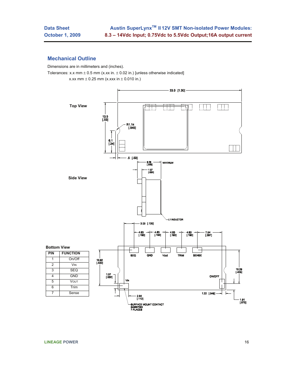 Mechanical outline | GE Industrial Solutions Austin SuperLynx II 12V SMT User Manual | Page 16 / 21