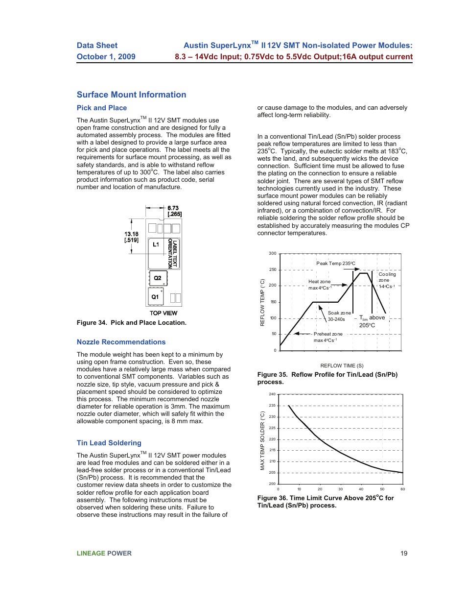 Surface mount information, Austin superlynx, Pick and place | Nozzle recommendations, Tin lead soldering | GE Industrial Solutions Austin SuperLynx II 12V SMT User Manual | Page 19 / 21