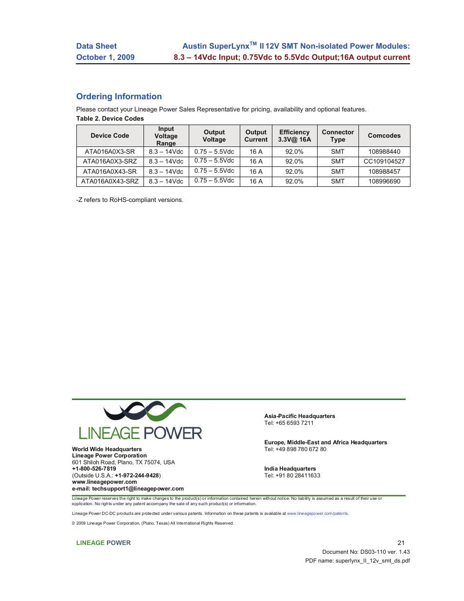 Ordering information | GE Industrial Solutions Austin SuperLynx II 12V SMT User Manual | Page 21 / 21