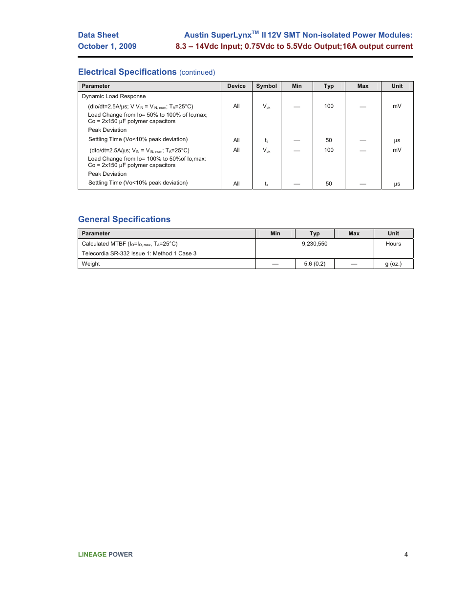 Electrical specifications, General specifications, Austin superlynx | GE Industrial Solutions Austin SuperLynx II 12V SMT User Manual | Page 4 / 21