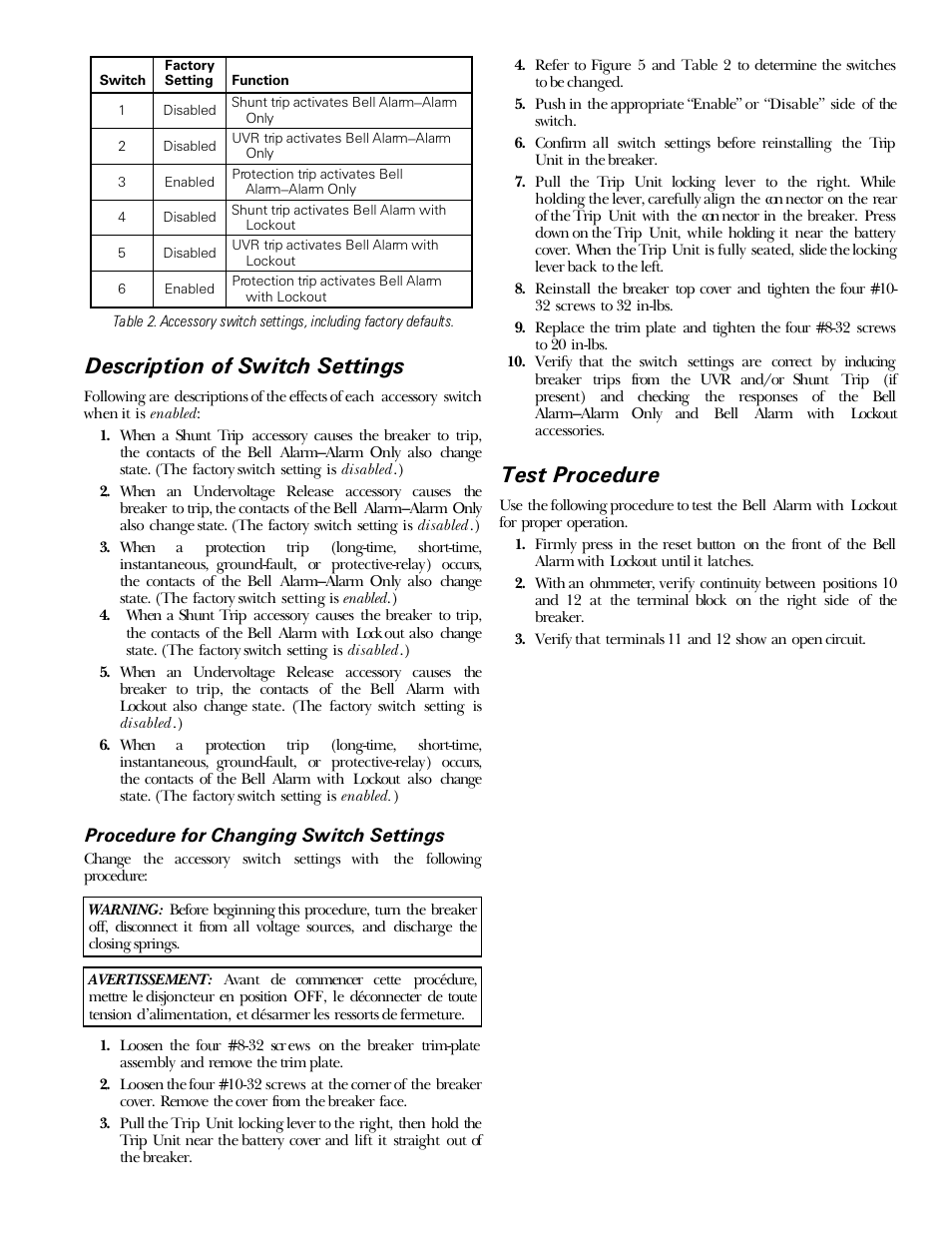 Description of switch settings, Test procedure | GE Industrial Solutions Power Break II Bell Alarm with Lockout User Manual | Page 3 / 4