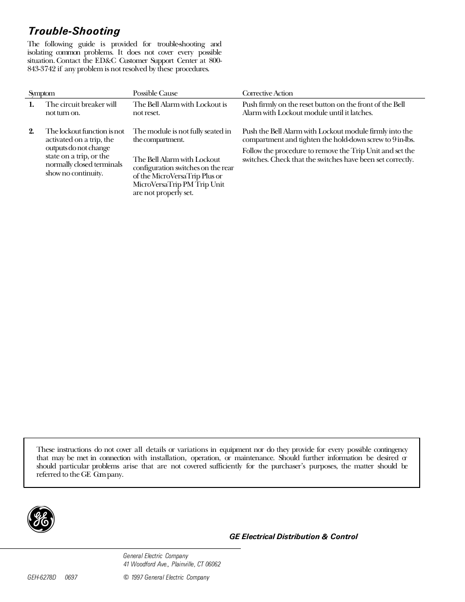Trouble-shooting | GE Industrial Solutions Power Break II Bell Alarm with Lockout User Manual | Page 4 / 4