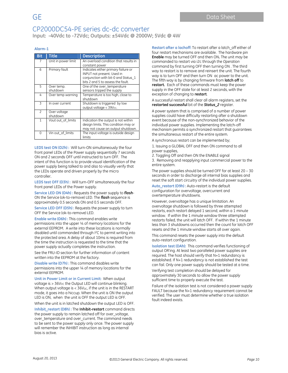 Data sheet | GE Industrial Solutions CP2000DC54-PE User Manual | Page 10 / 15
