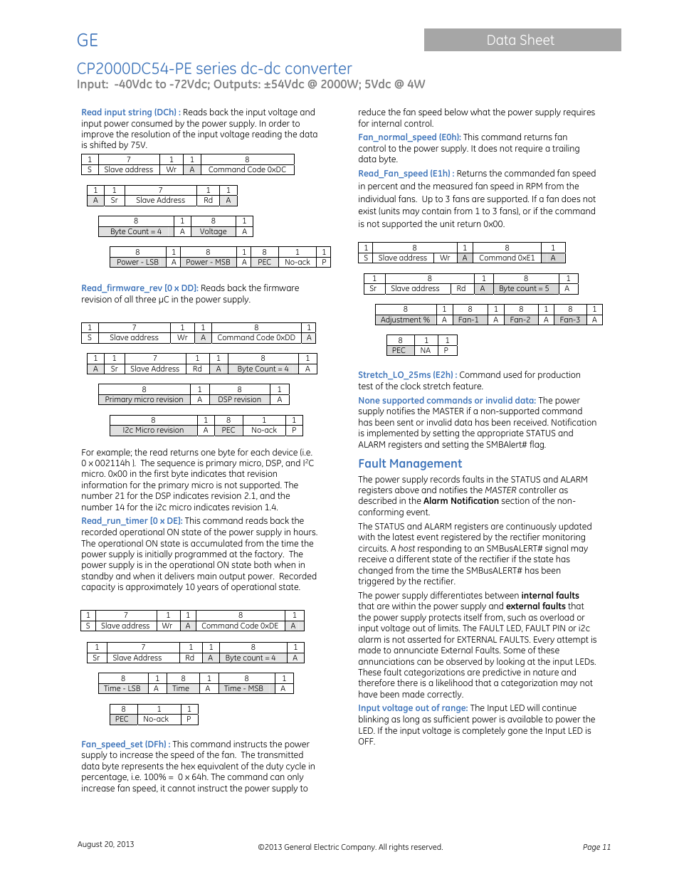 Data sheet, Fault management | GE Industrial Solutions CP2000DC54-PE User Manual | Page 11 / 15