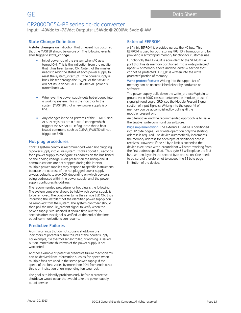 Data sheet | GE Industrial Solutions CP2000DC54-PE User Manual | Page 12 / 15