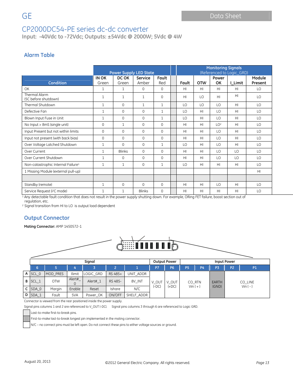 Data sheet, P1 a6 p7 a1, Alarm table | Output connector | GE Industrial Solutions CP2000DC54-PE User Manual | Page 13 / 15