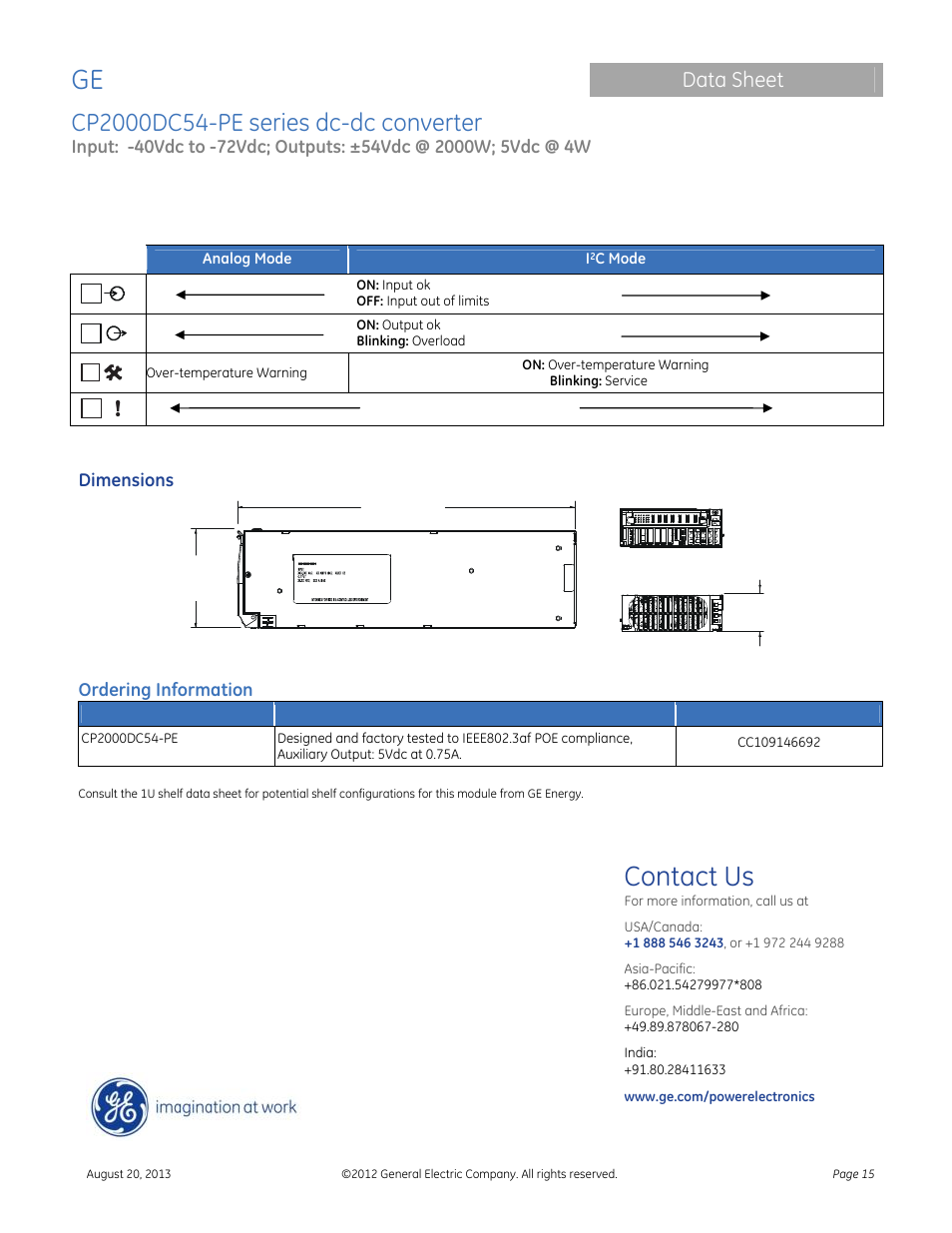 Contact us, Data sheet | GE Industrial Solutions CP2000DC54-PE User Manual | Page 15 / 15