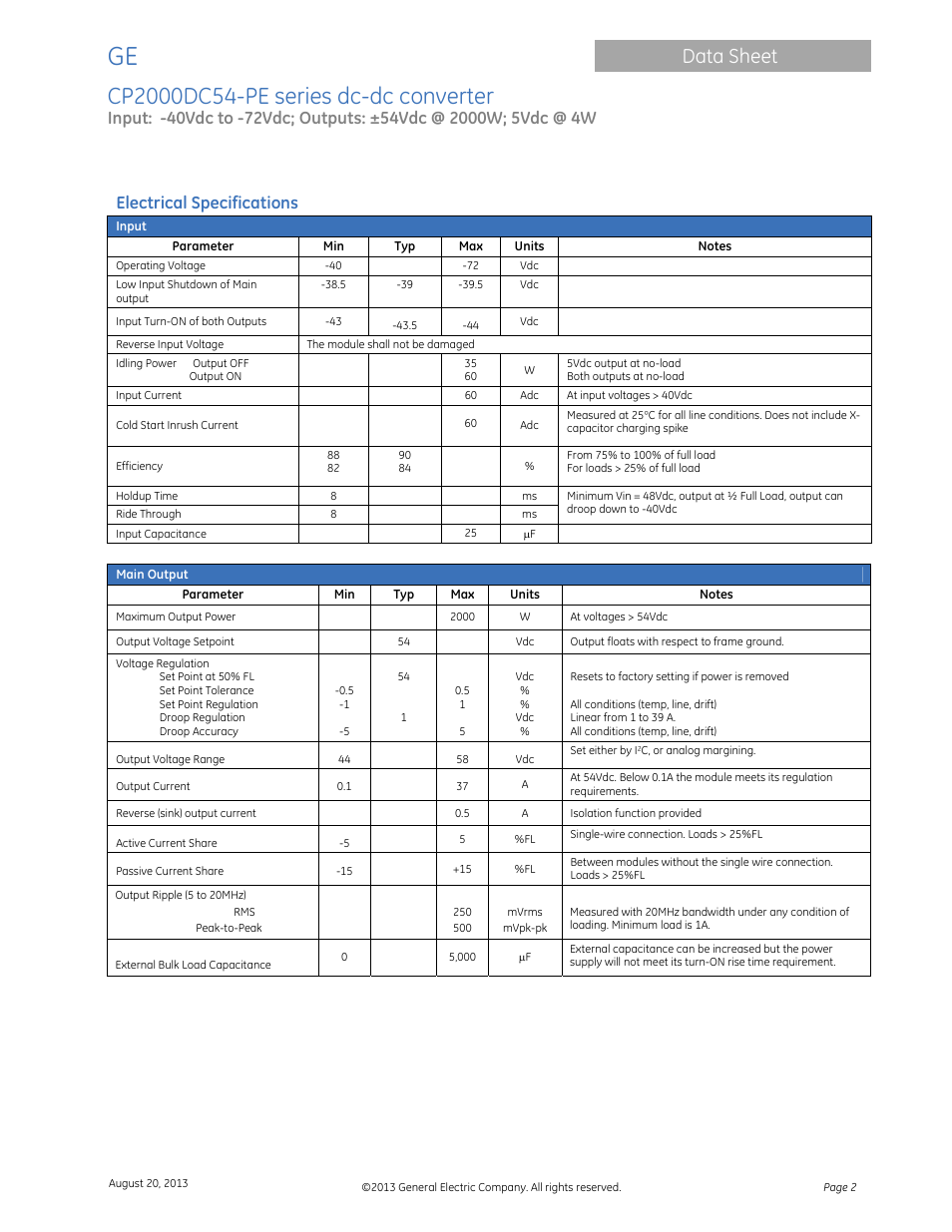 Data sheet, Electrical specifications | GE Industrial Solutions CP2000DC54-PE User Manual | Page 2 / 15
