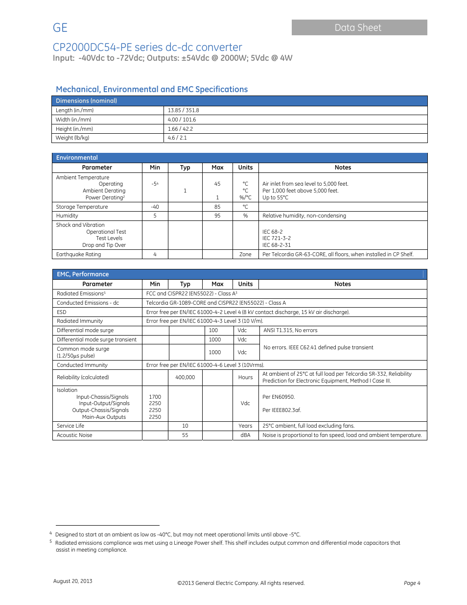 Data sheet, Mechanical, environmental and emc specifications | GE Industrial Solutions CP2000DC54-PE User Manual | Page 4 / 15