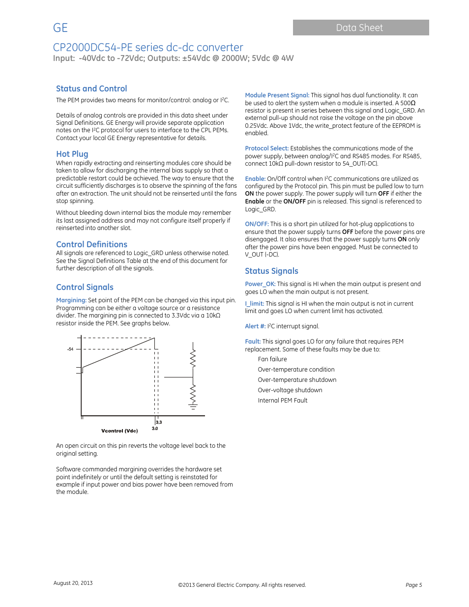 Data sheet, Status and control, Hot plug | Control definitions, Control signals, Status signals | GE Industrial Solutions CP2000DC54-PE User Manual | Page 5 / 15