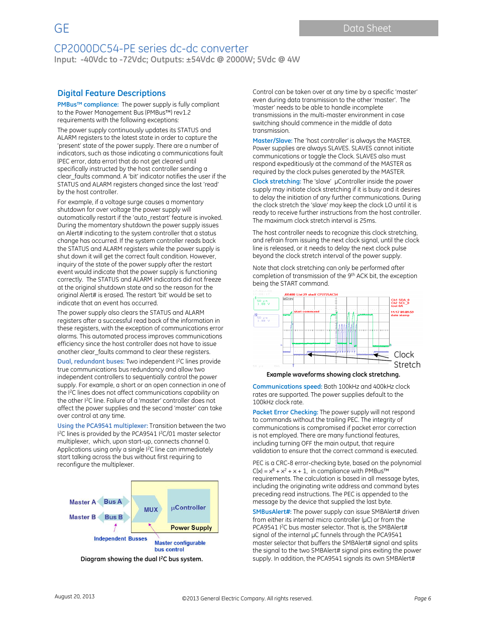 Data sheet, Digital feature descriptions, Clock stretch | GE Industrial Solutions CP2000DC54-PE User Manual | Page 6 / 15