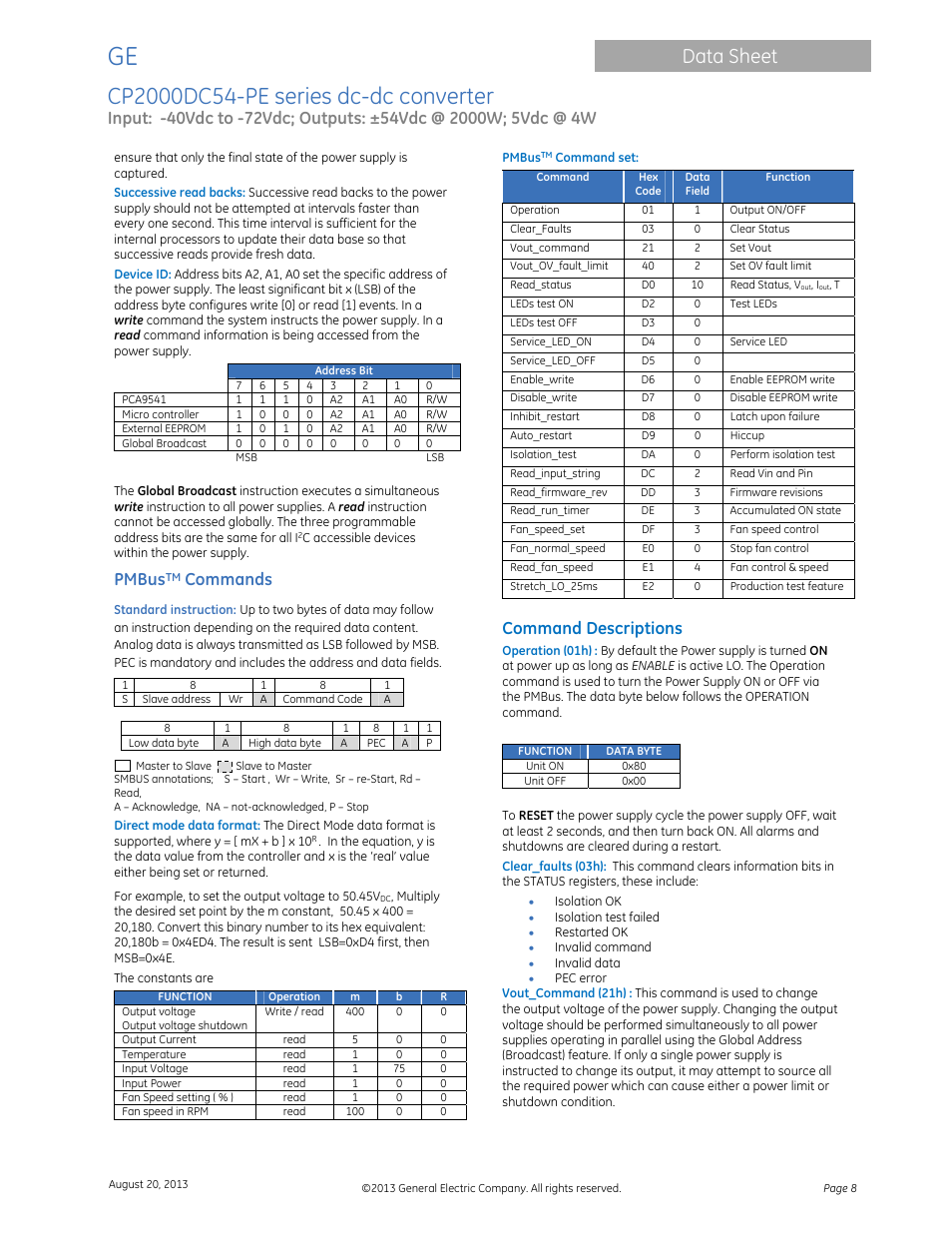 Data sheet, Pmbus, Commands | Command descriptions | GE Industrial Solutions CP2000DC54-PE User Manual | Page 8 / 15