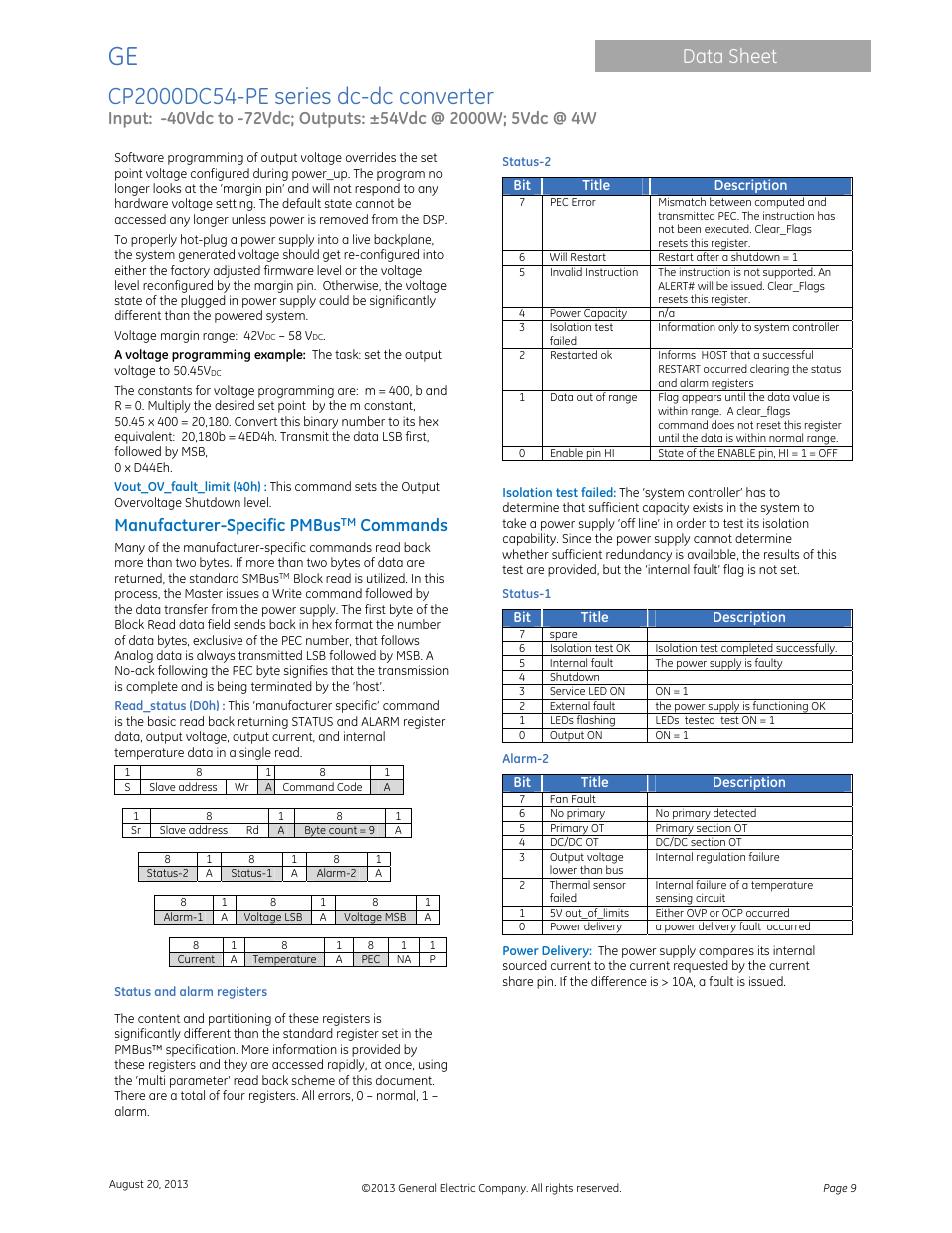 Data sheet, Manufacturer-specific pmbus, Commands | GE Industrial Solutions CP2000DC54-PE User Manual | Page 9 / 15