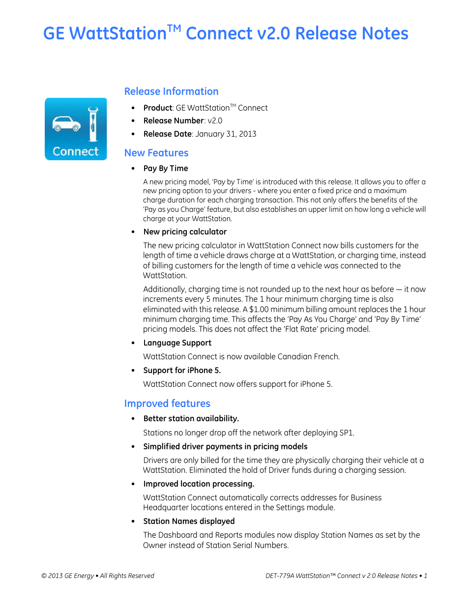 GE Industrial Solutions WattStation Connect v2.0 Release Notes User Manual | 2 pages