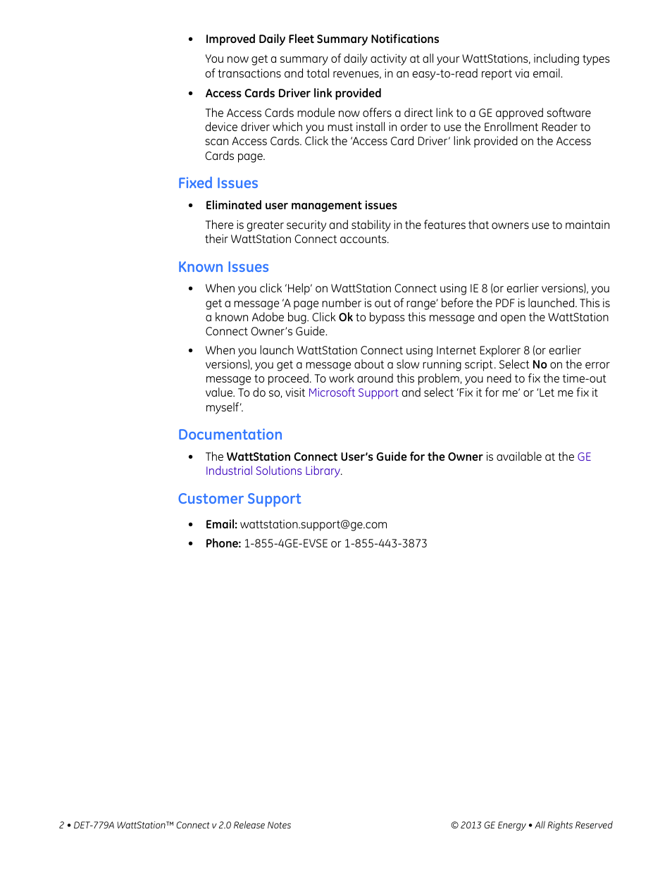 Fixed issues, Known issues, Documentation | Customer support | GE Industrial Solutions WattStation Connect v2.0 Release Notes User Manual | Page 2 / 2