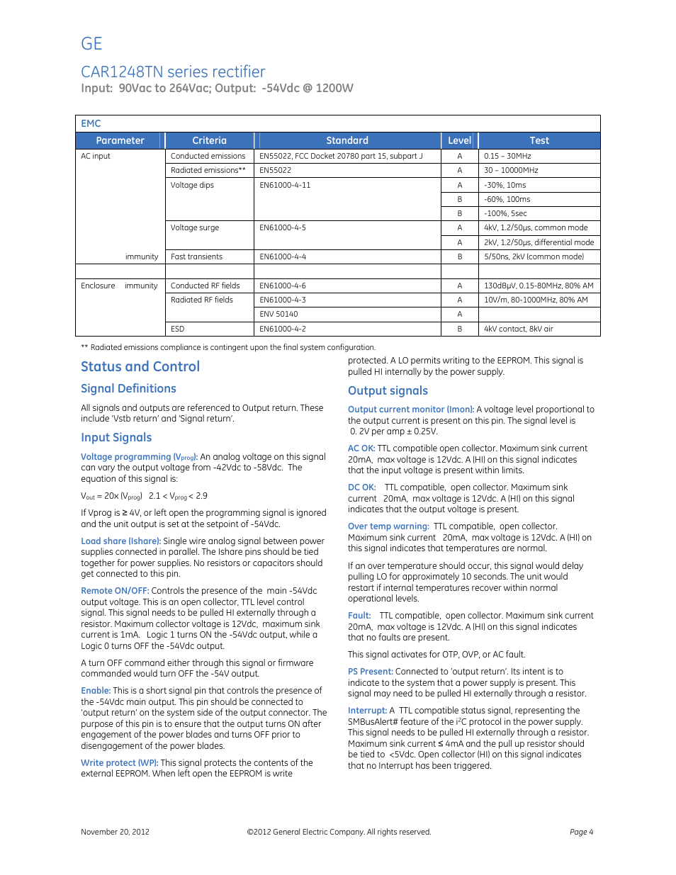 Car1248tn series rectifier, Status and control, Signal definitions | Input signals, Output signals | GE Industrial Solutions CAR1248TN series User Manual | Page 4 / 8