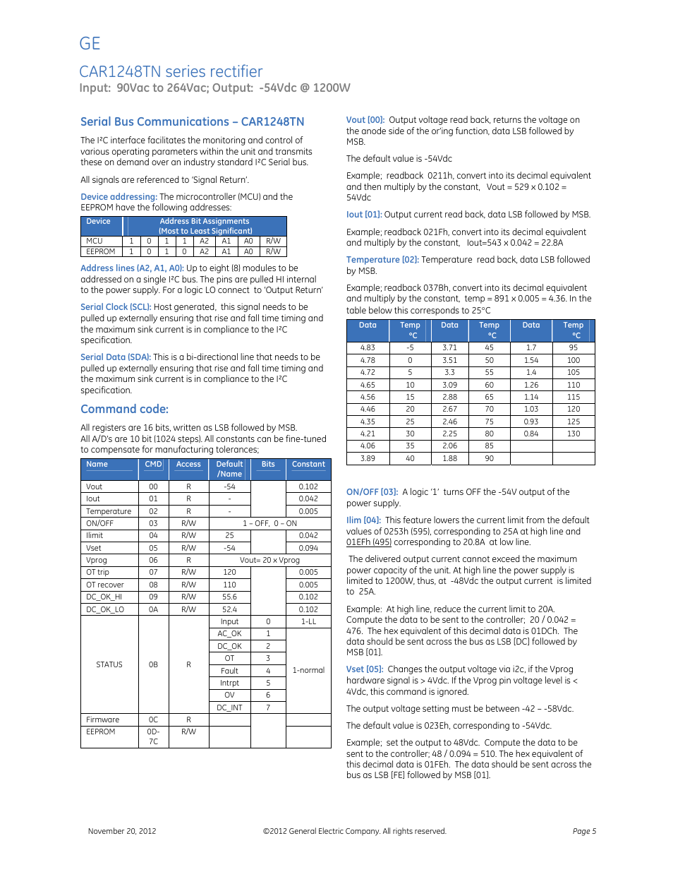 Car1248tn series rectifier, Serial bus communications – car1248tn, Command code | GE Industrial Solutions CAR1248TN series User Manual | Page 5 / 8