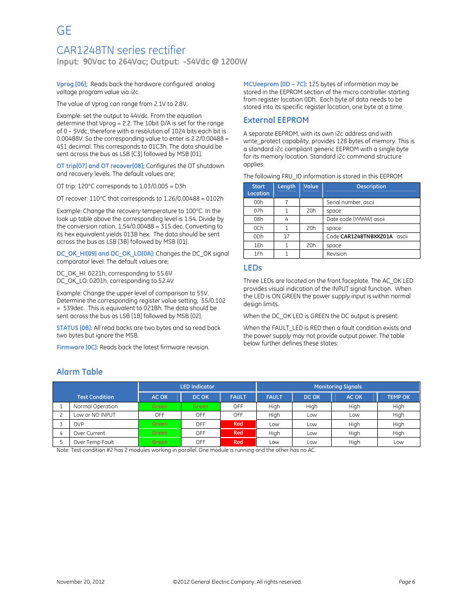Car1248tn series rectifier, External eeprom, Leds | Alarm table | GE Industrial Solutions CAR1248TN series User Manual | Page 6 / 8