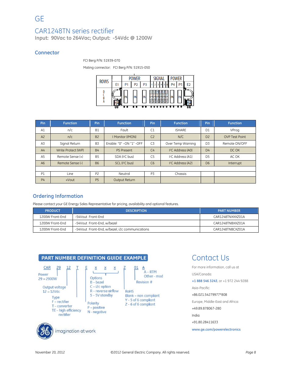 Contact us, Car1248tn series rectifier, Connector | Ordering information | GE Industrial Solutions CAR1248TN series User Manual | Page 8 / 8