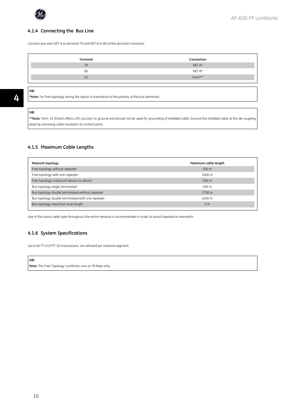 Af-600 fp lonworks, 4 connecting the bus line, 5 maximum cable lengths | 6 system specifications | GE Industrial Solutions AF-600 FP Lonworks User Manual | Page 11 / 63