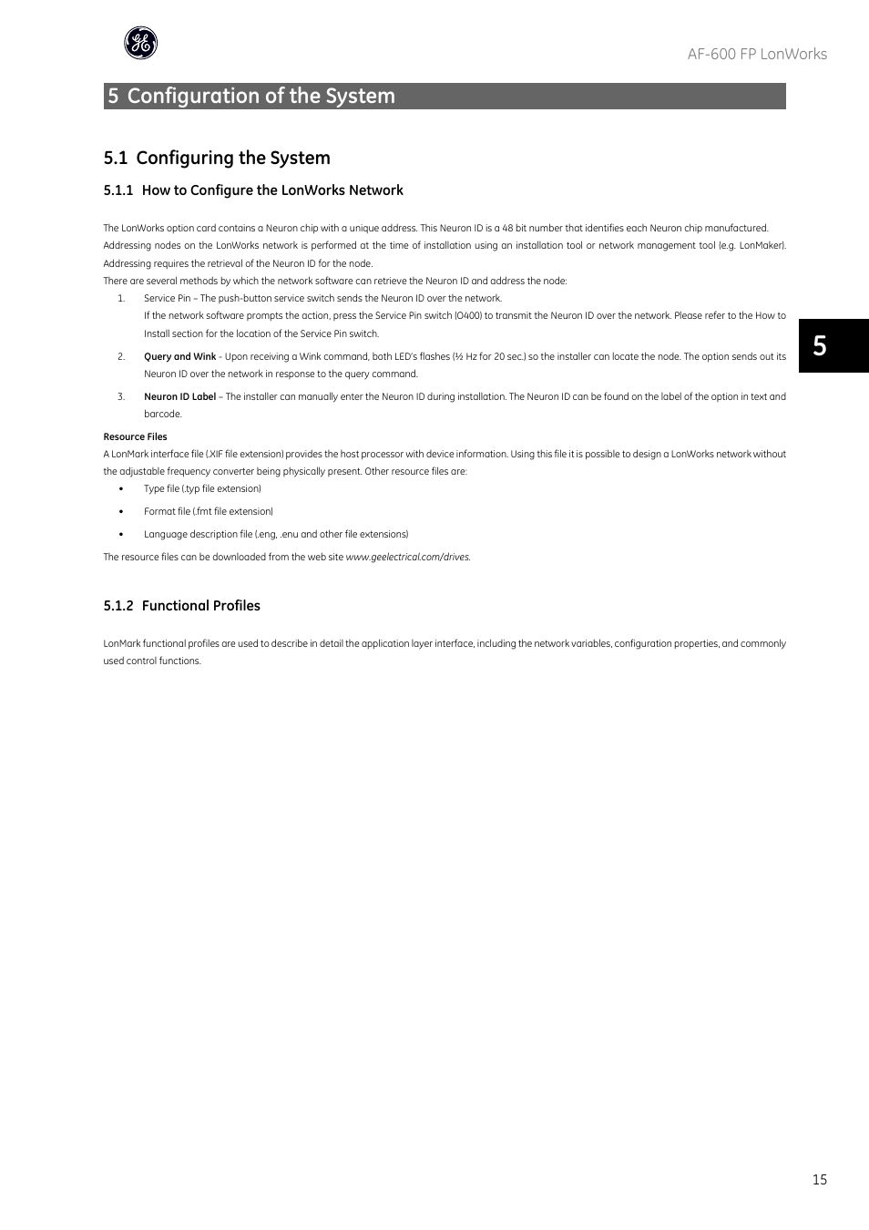 5 configuration of the system, 1 configuring the system | GE Industrial Solutions AF-600 FP Lonworks User Manual | Page 16 / 63