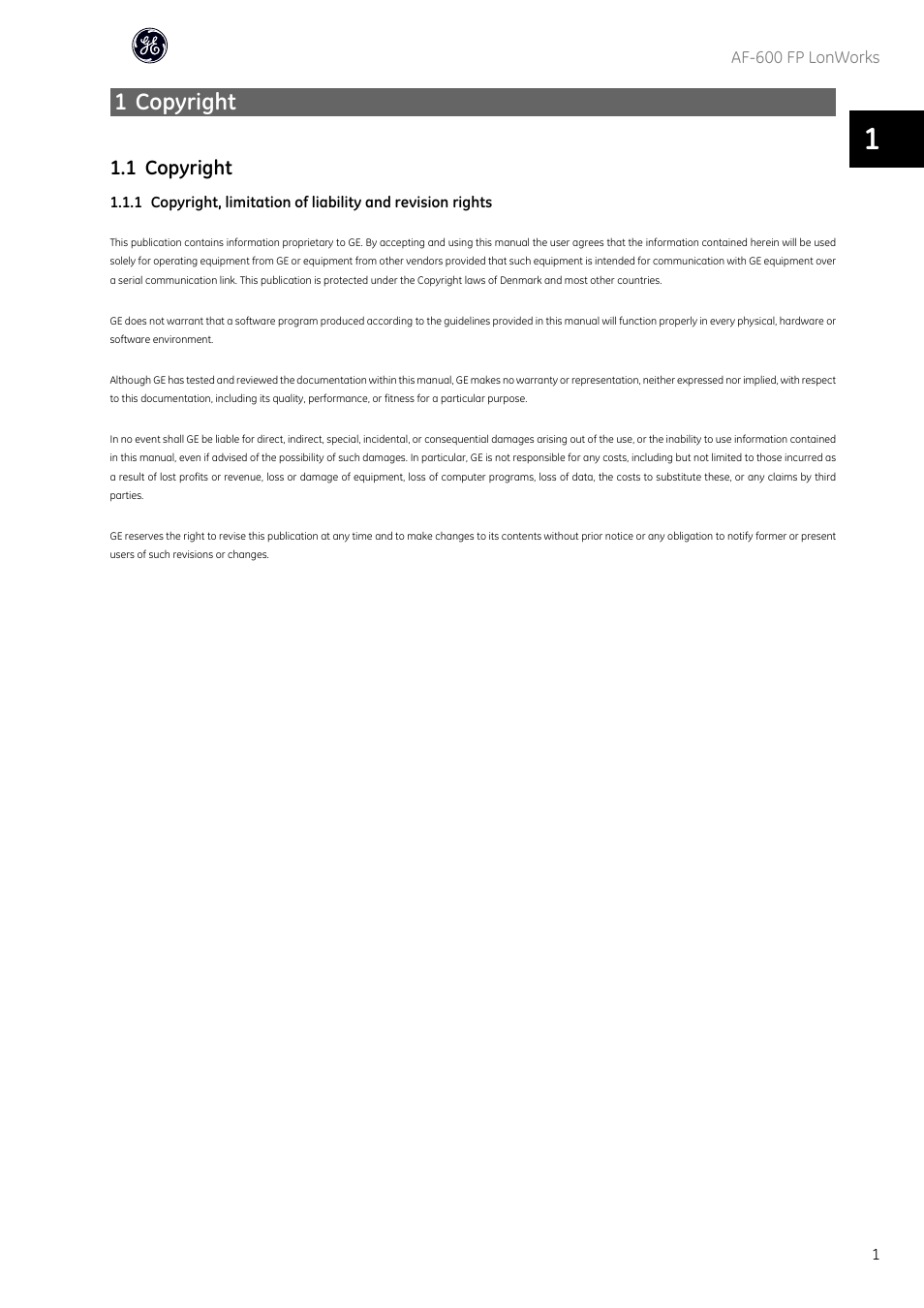 1 copyright | GE Industrial Solutions AF-600 FP Lonworks User Manual | Page 2 / 63