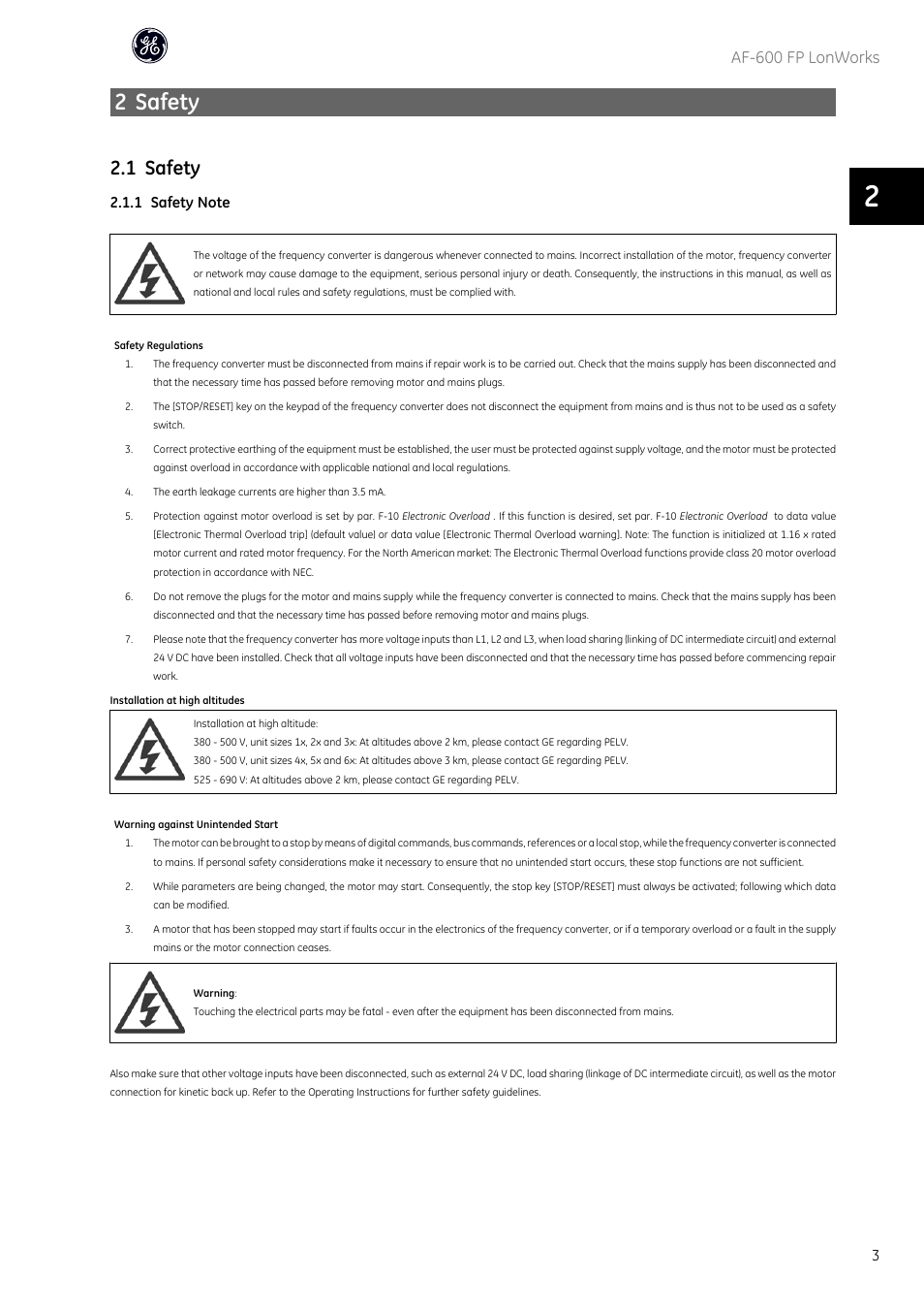 2 safety, 1 safety, Af-600 fp lonworks | GE Industrial Solutions AF-600 FP Lonworks User Manual | Page 4 / 63