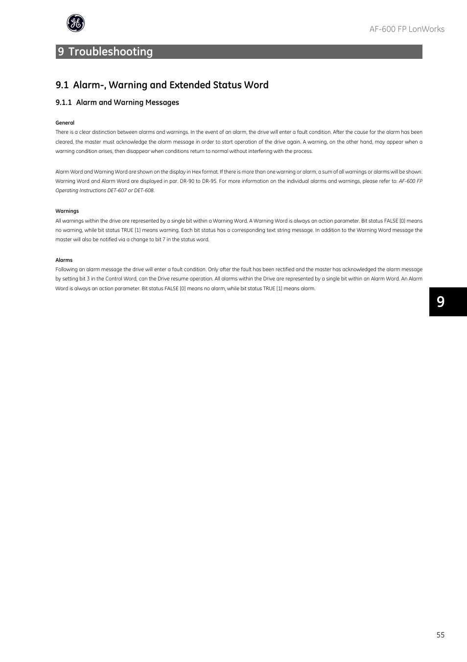 9 troubleshooting | GE Industrial Solutions AF-600 FP Lonworks User Manual | Page 56 / 63