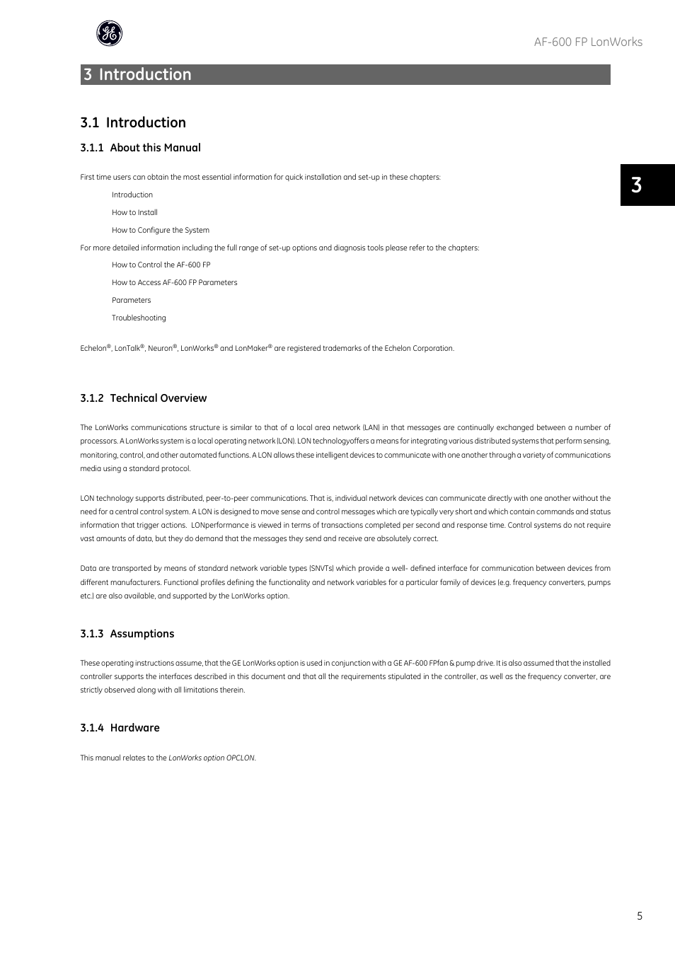 3 introduction, 1 introduction, Af-600 fp lonworks | GE Industrial Solutions AF-600 FP Lonworks User Manual | Page 6 / 63