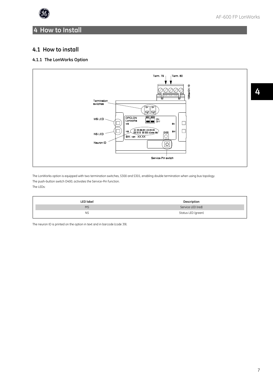 4 how to install, 1 how to install | GE Industrial Solutions AF-600 FP Lonworks User Manual | Page 8 / 63