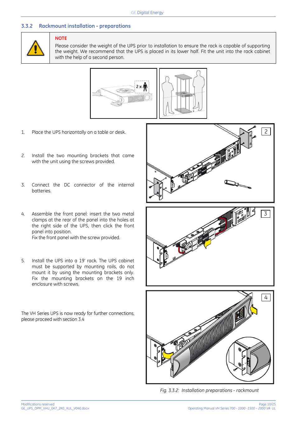 2 rackmount installation - preparations, Rackmount installation - preparations | GE Industrial Solutions On-line VH Series UPS User Manual | Page 10 / 25