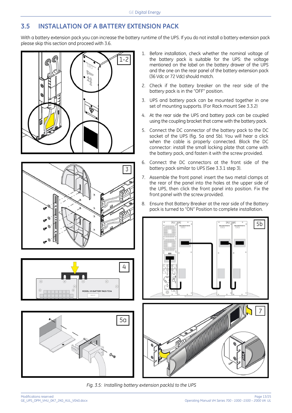 5 installation of a battery extension pack, Installation of a battery extension pack | GE Industrial Solutions On-line VH Series UPS User Manual | Page 13 / 25