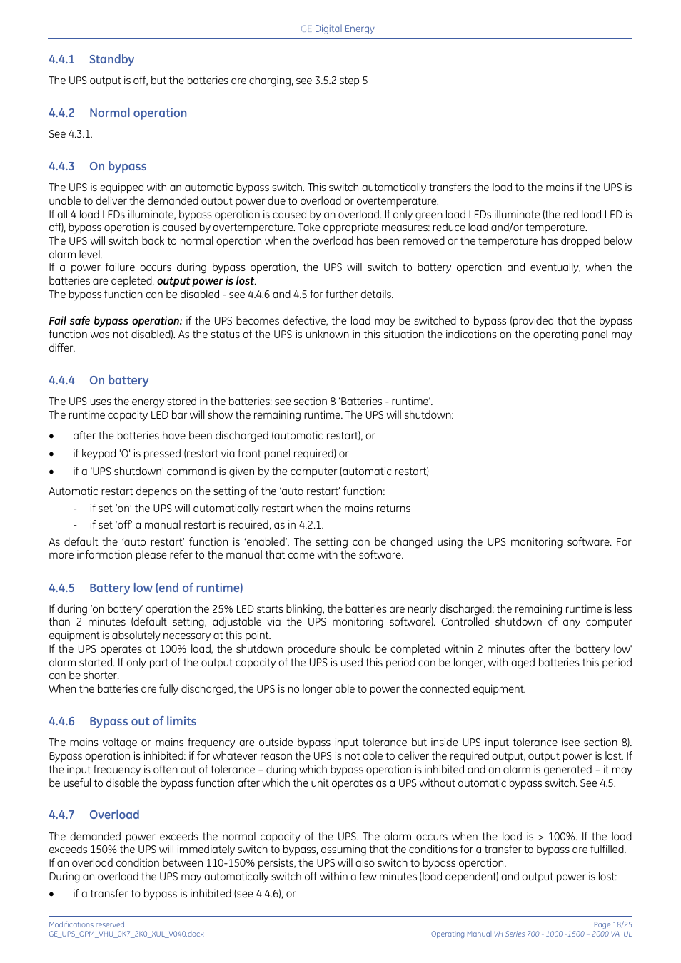 1 standby, 2 normal operation, 3 on bypass | 4 on battery, 5 battery low (end of runtime), 6 bypass out of limits, 7 overload, Standby, Normal operation, On bypass | GE Industrial Solutions On-line VH Series UPS User Manual | Page 18 / 25
