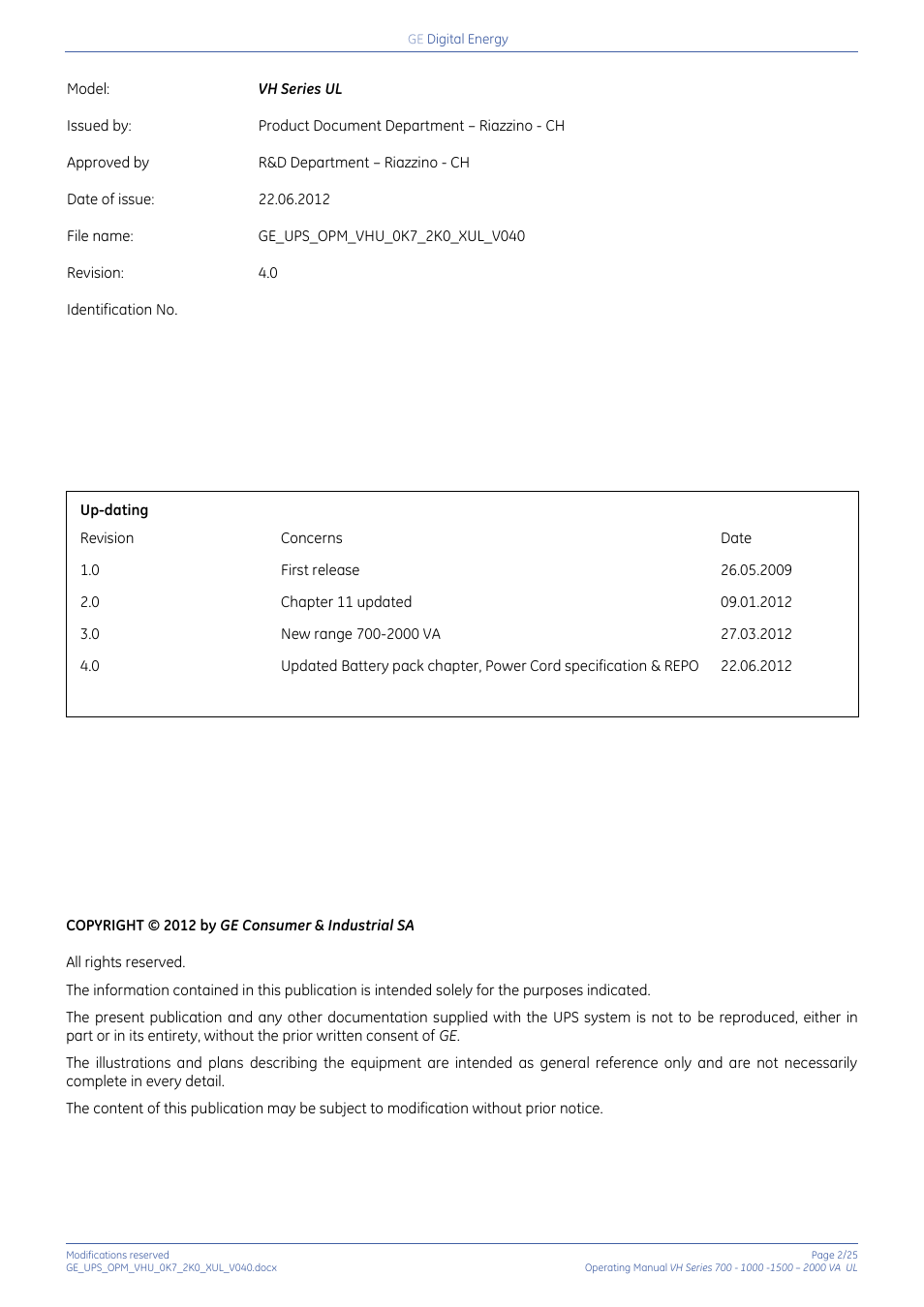 GE Industrial Solutions On-line VH Series UPS User Manual | Page 2 / 25